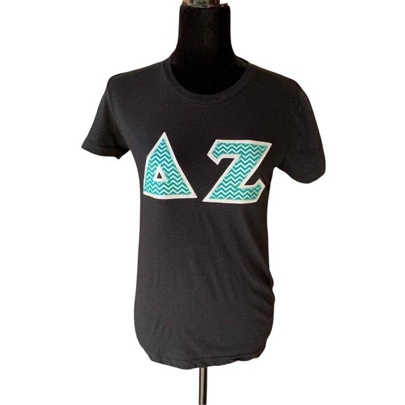 American Apparel Womens Tee Size Medium Delta Zeta Teal Silver Chevron Black Top - Picture 1 of 6